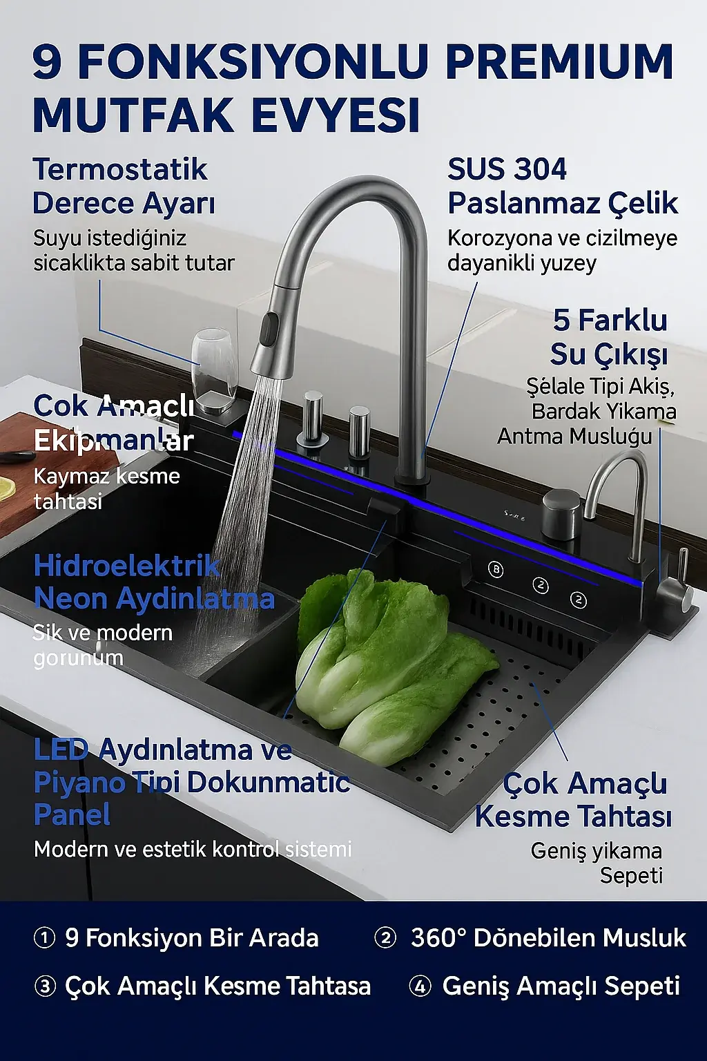 Premium Mutfak Evyesi–SUS304 Paslanmaz Çelik, LED Işıklı, Çok Amaçlı Yıkama+Doğrama Seti 9 Fonksiyonlu