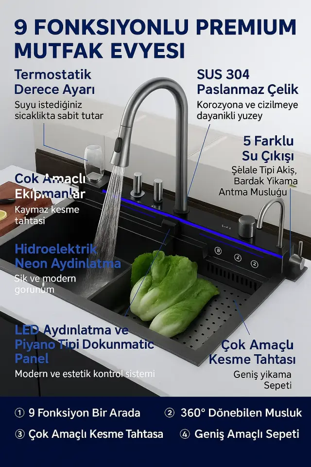 Premium Mutfak Evyesi–SUS304 Paslanmaz Çelik, LED Işıklı, Çok Amaçlı Yıkama+Doğrama Seti 9 Fonksiyonlu