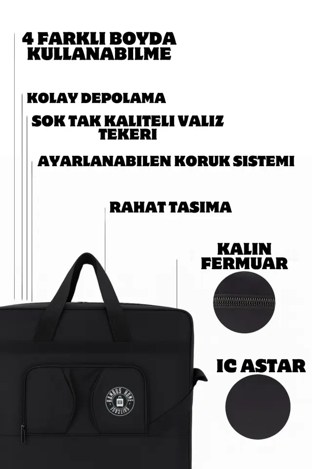 Premium Genişleyebilir Körüklü Kalın Fermuarlı 360 Derece Döner Tekerlekli El Valizi