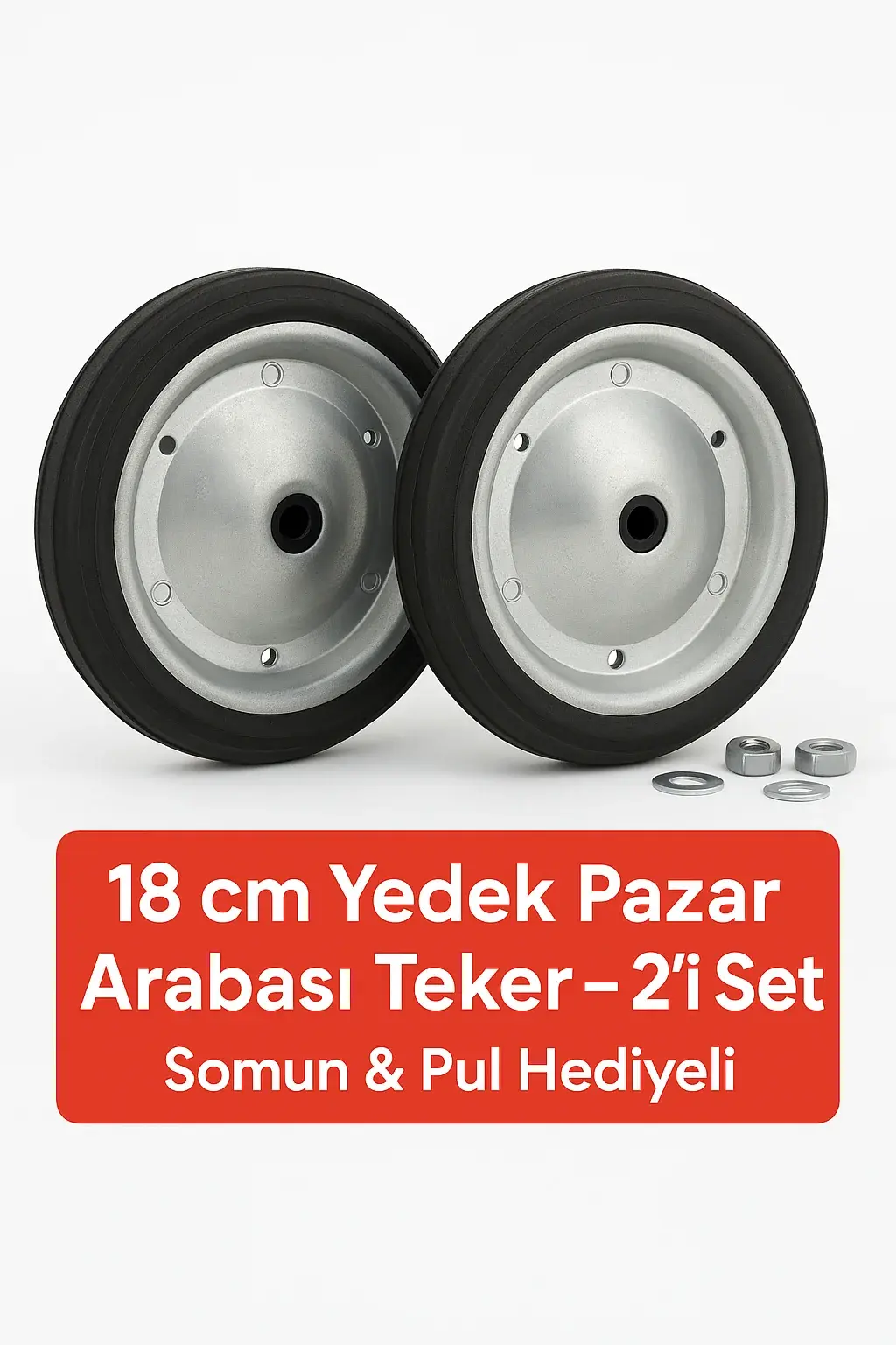 2 Adet 18 cm Metal Gövde Pazar Arabası Tekerleği Süper Sağlam Araba Tekeri Somun&Pul Hediyeli