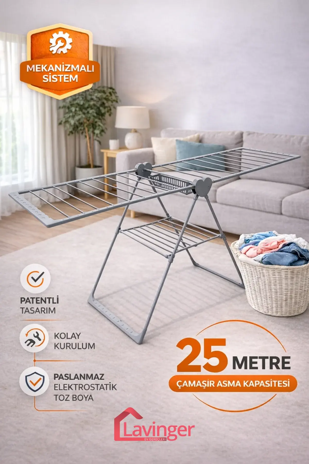 Nova Plus Mekanizmalı Çamaşır Kurutmalığı Kaliteli Paslanmaz Mandallıklı Sepetli Katlanabilir Büyük