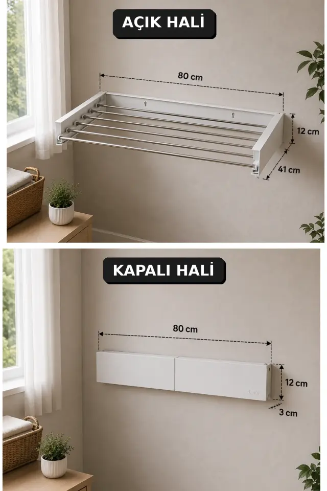 AKORDİYON Çamaşır Kurutma Askısı Alüminyum Katlanır 6 Borulu Duvara Monte Balkon Banyo Askılık Duvar Tipi Yer Tasarruflu Çamaşırlık 80 CM Beyaz