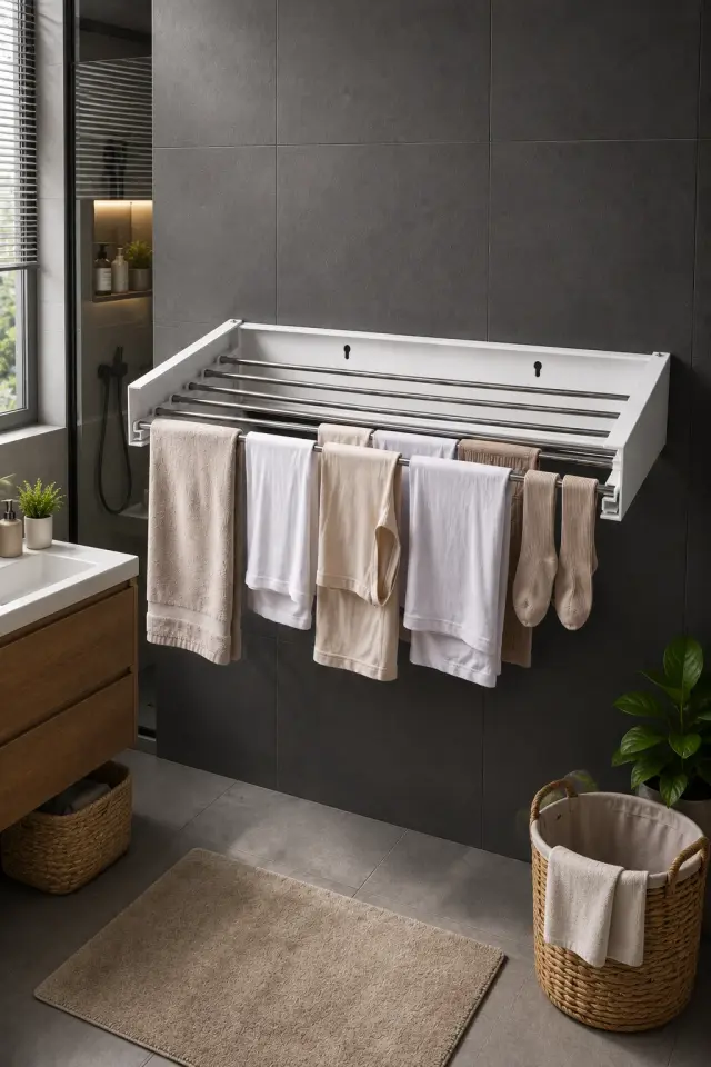 AKORDİYON Çamaşır Kurutma Askısı Alüminyum Katlanır 6 Borulu Duvara Monte Balkon Banyo Askılık Duvar Tipi Yer Tasarruflu Çamaşırlık 80 CM Beyaz