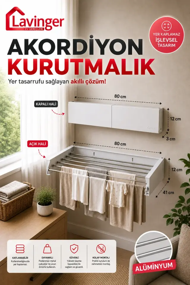 AKORDİYON Çamaşır Kurutma Askısı Alüminyum Katlanır 6 Borulu Duvara Monte Balkon Banyo Askılık Duvar Tipi Yer Tasarruflu Çamaşırlık 80 CM Beyaz