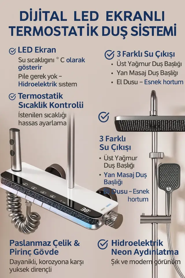Akıllı LED Ekranlı Termostatik Duş Sistemi – 5 Fonksiyonlu Premium Tasarım - Robot Işıklı Beyaz