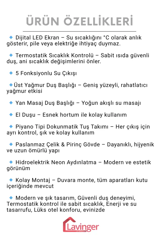 Akıllı LED Ekranlı Termostatik Duş Sistemi – 5 Fonksiyonlu Premium Tasarım - Robot Işıklı Beyaz