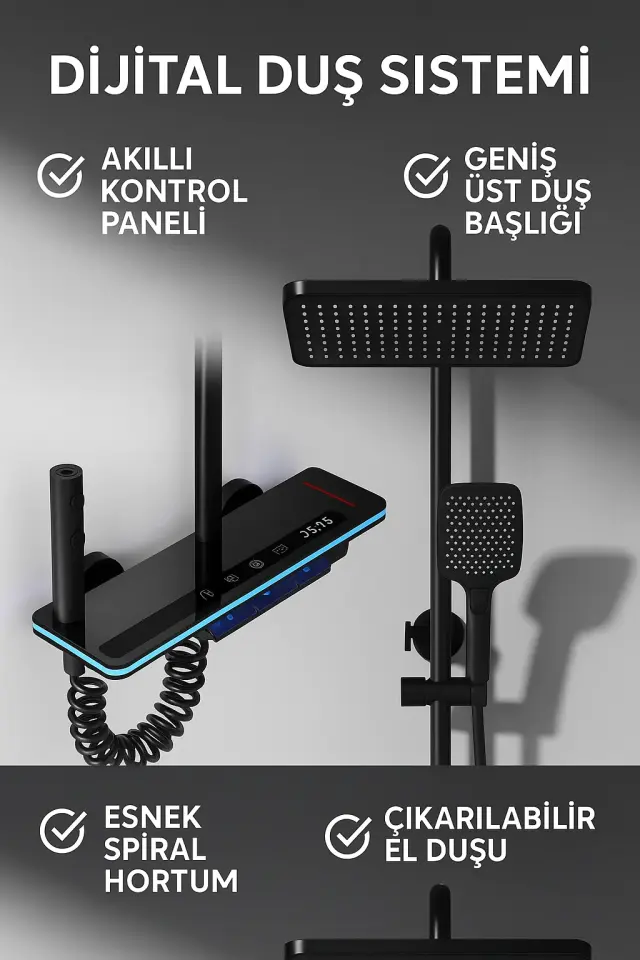 Akıllı LED Ekranlı Termostatik Duş Sistemi – 5 Fonksiyonlu Premium Tasarım - Robot Işıklı Gri