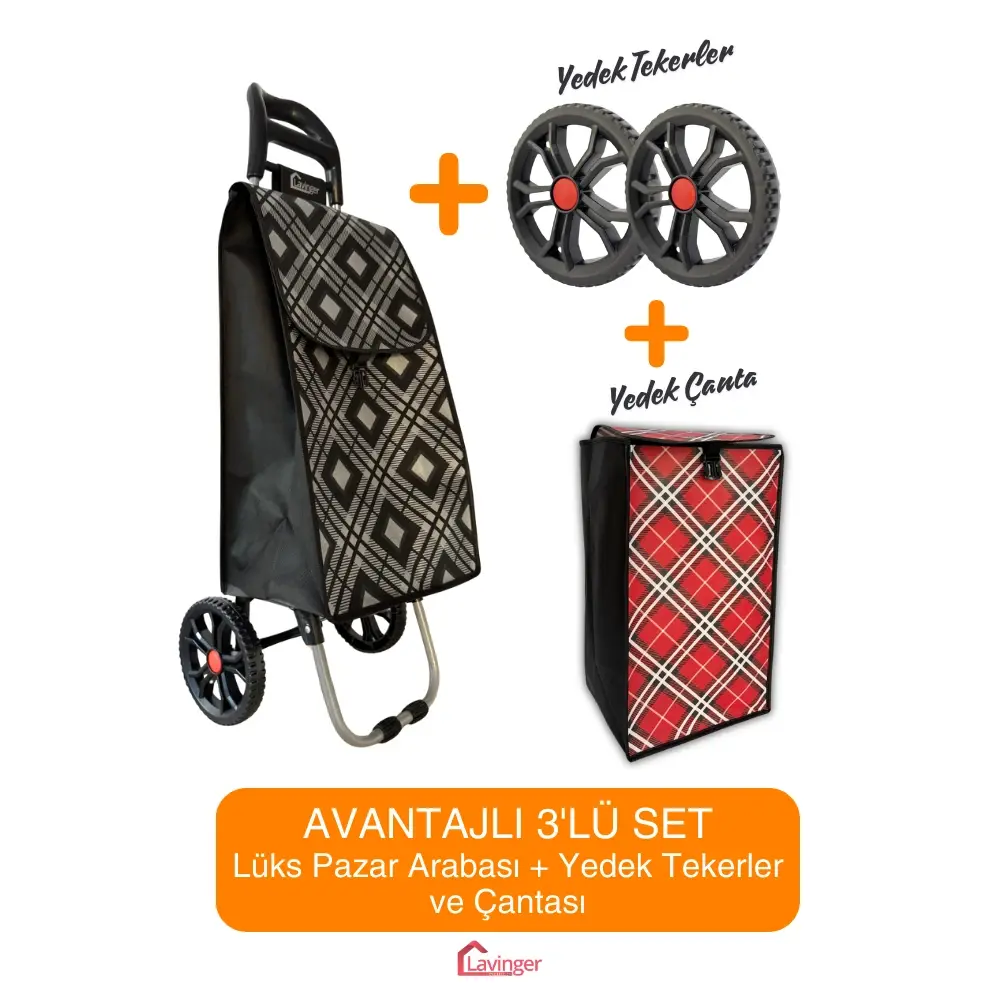 Pazar Arabası Plus Avantajlı 3' lü SET Pazar Arabası + Yedek Tekeri + Yedek Çantası. Siyah