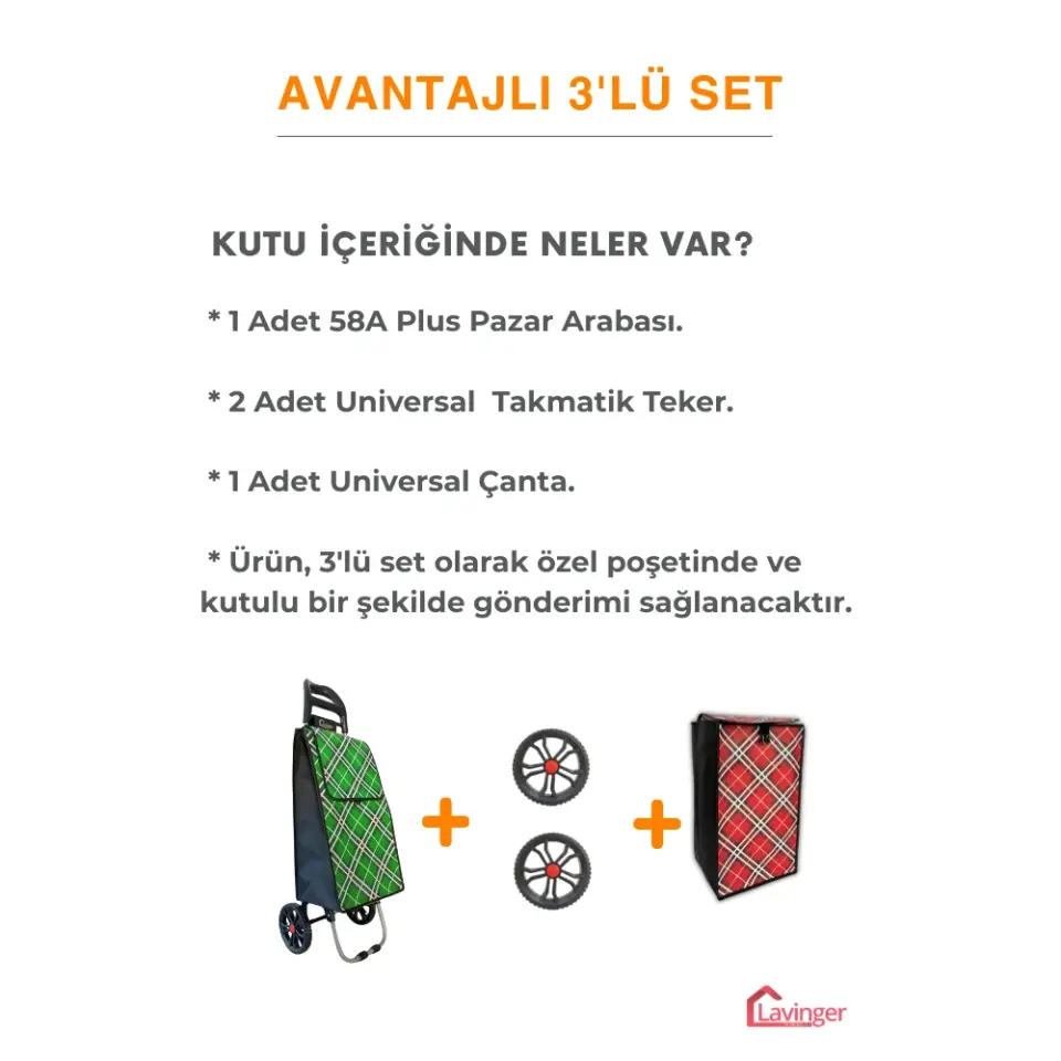 Pazar Arabası Plus Avantajlı 3' lü SET Pazar Arabası + Yedek Tekeri + Yedek Çantası. Yeşil