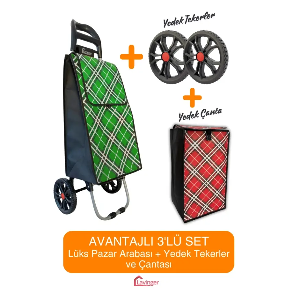 Pazar Arabası Plus Avantajlı 3' lü SET Pazar Arabası + Yedek Tekeri + Yedek Çantası. Yeşil