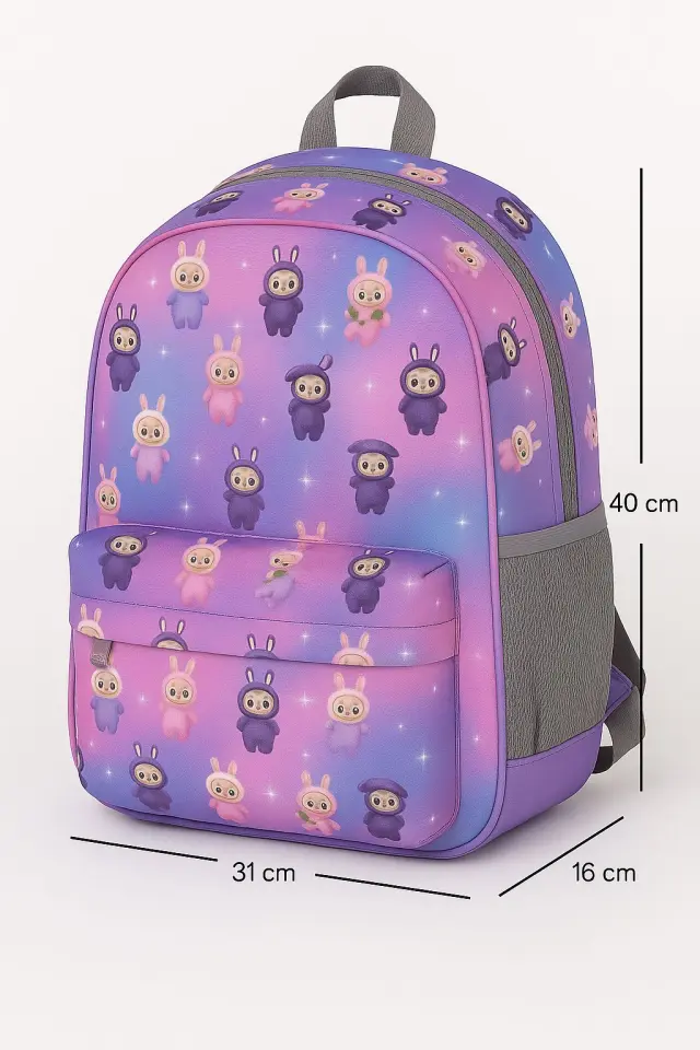 Okul Çanta 3' Lü Set Kalemlik+Beslenme+Okul Çantası Labubu Mor
