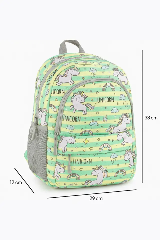 Okul Çanta 3' Lü Set Kalemlik+Beslenme+Okul Çantası Unicorn Yeşil