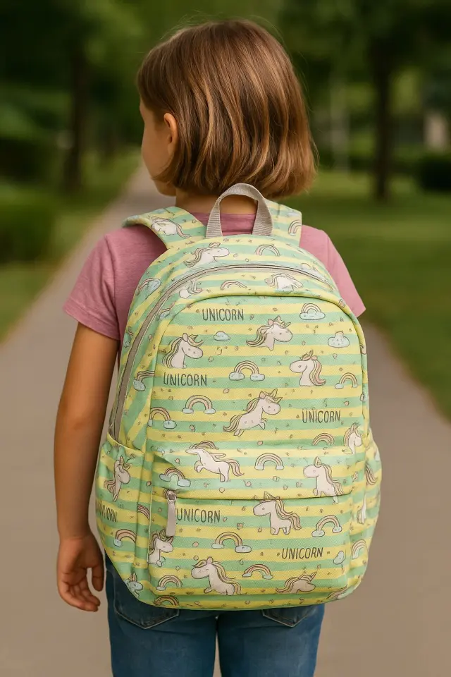 Okul Çanta 3' Lü Set Kalemlik+Beslenme+Okul Çantası Unicorn Yeşil