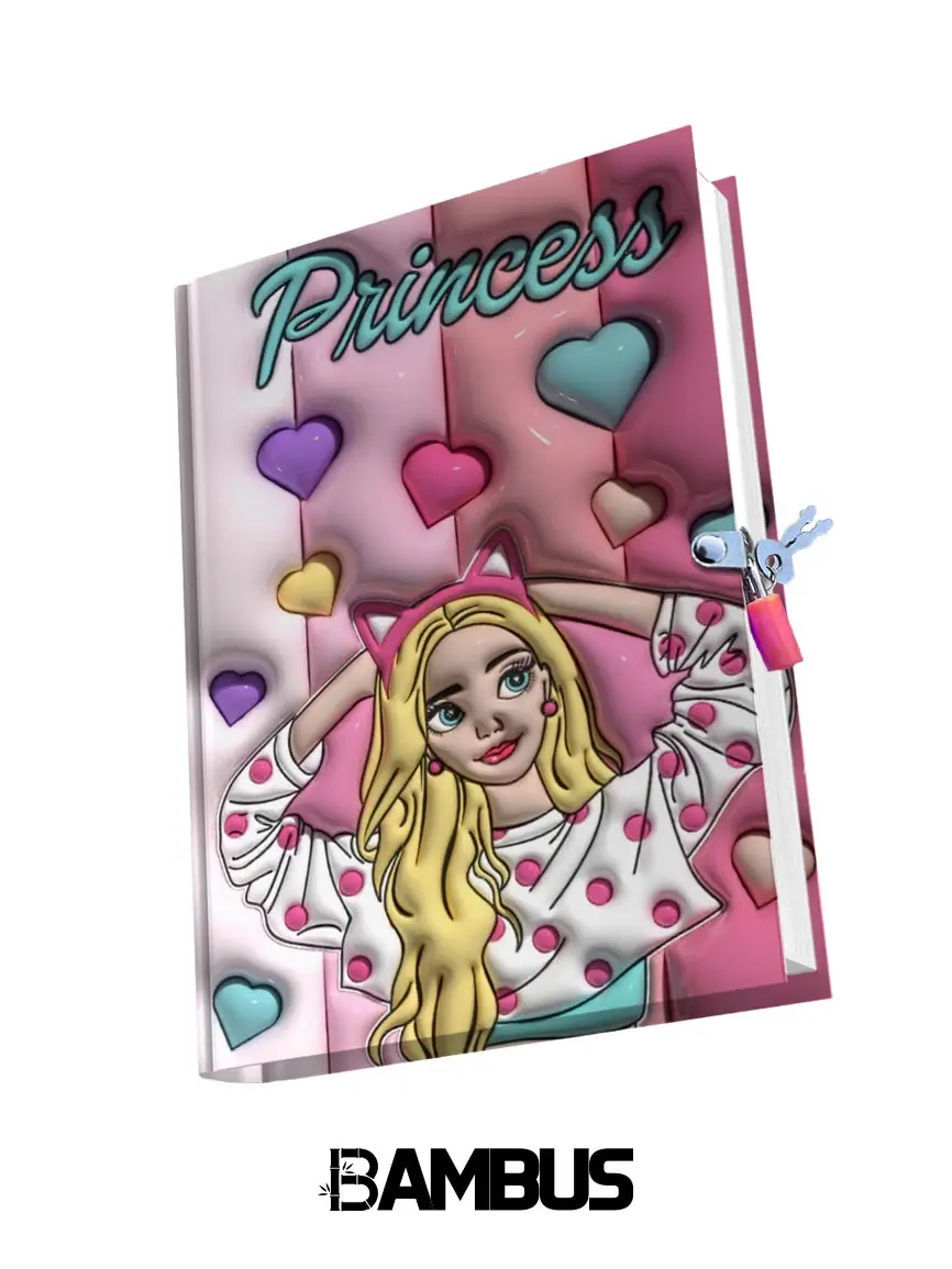 Kilitli Hatıra Günlük Anı Defteri 3 Boyutlu Baskılı Sert Karton Kapak Princess