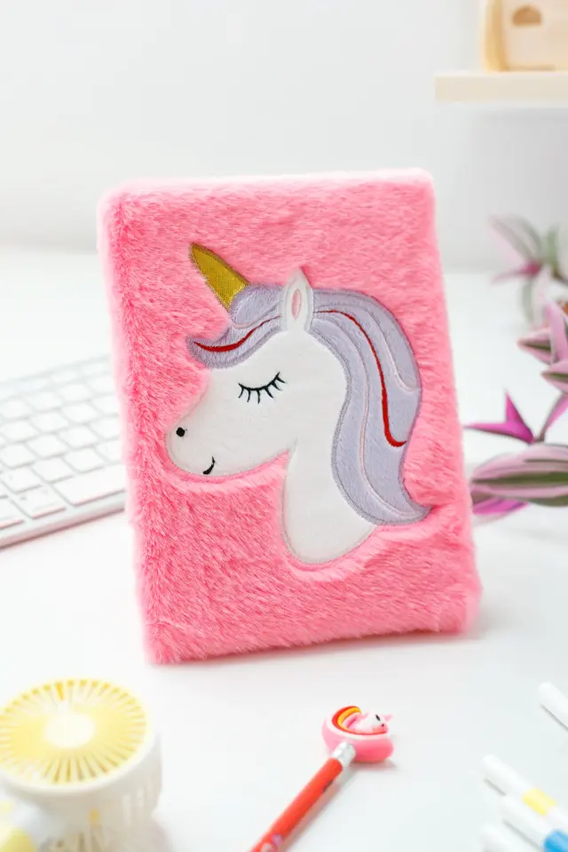 Peluş Hatıra Günlük Anı Defteri Krop Notebook Seri Unicorn Pembe