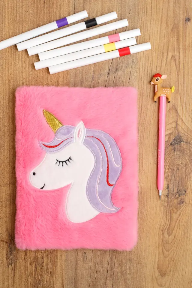 Peluş Hatıra Günlük Anı Defteri Krop Notebook Seri Unicorn Pembe