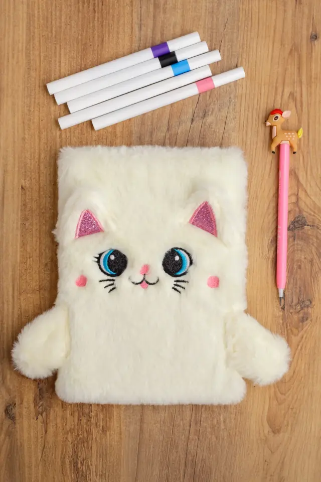 Peluş Hatıra Günlük Anı Defteri Krop Notebook Seri Beyaz Kedi