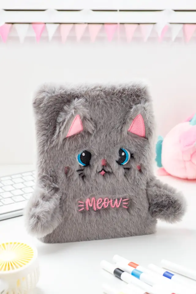 Peluş Hatıra Günlük Anı Defteri Krop Notebook Seri Gri Kedi