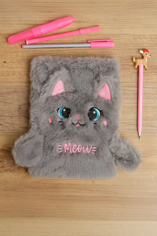 Peluş Hatıra Günlük Anı Defteri Krop Notebook Seri Gri Kedi