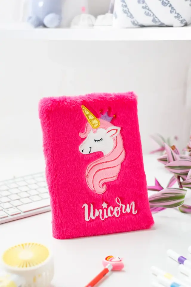 Peluş Hatıra Günlük Anı Defteri Krop Notebook Seri Unicorn Koyu Pembe