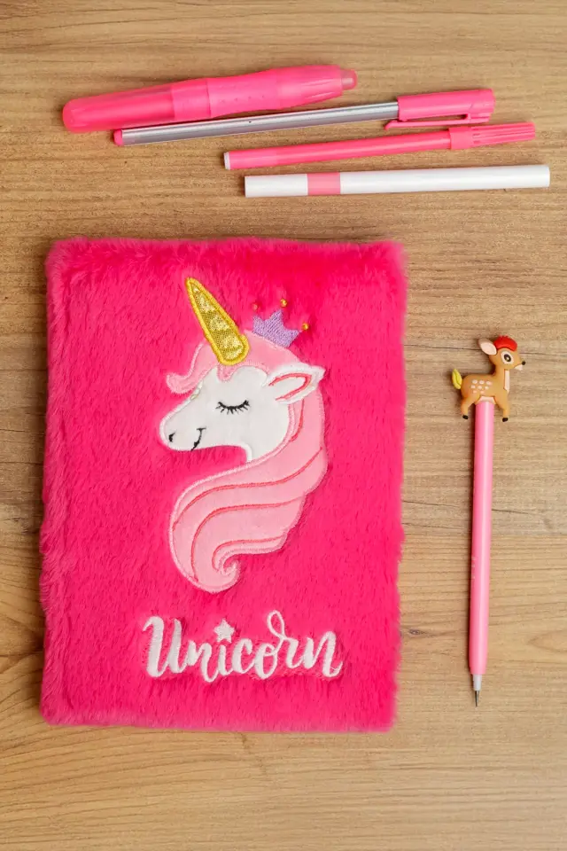Peluş Hatıra Günlük Anı Defteri Krop Notebook Seri Unicorn Koyu Pembe