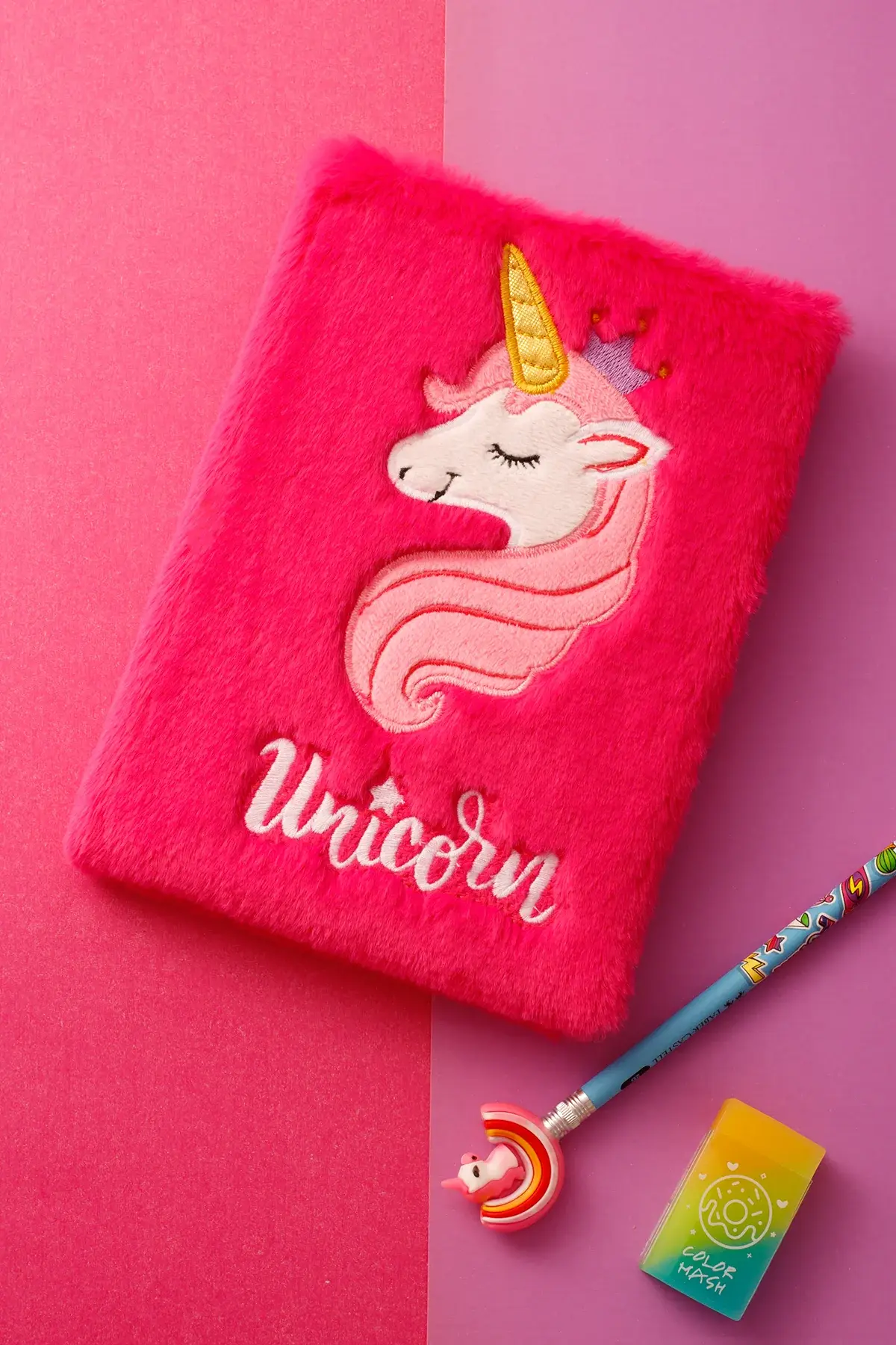Peluş Hatıra Günlük Anı Defteri Krop Notebook Seri Unicorn Koyu Pembe
