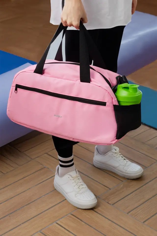 İki Bölmeli El ve Omuzda Taşınılabilir Günlük Seyahat Gym Fitness ve Spor Çantası Pembe