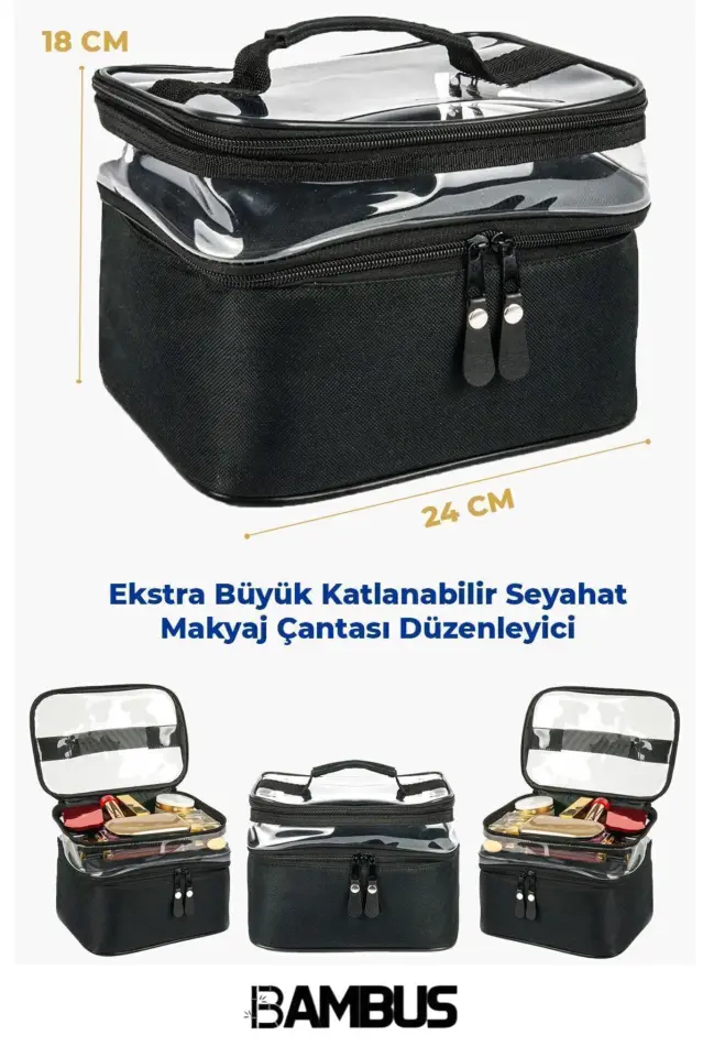 Makyaj Çantası Iki Geniş Bölmeli Askılı Katlanabilir Bakım Seyahat Organizer Siyah