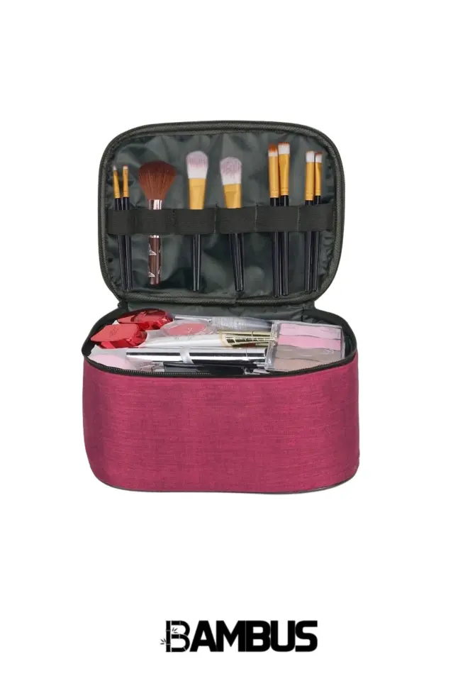 Makyaj Çantası Iki Geniş Bölmeli Askılı Katlanabilir Bakım Seyahat Organizer Kırmızı