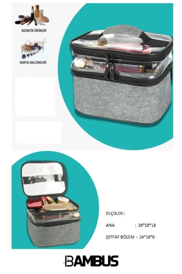 Makyaj Çantası Iki Geniş Bölmeli Askılı Katlanabilir Bakım Seyahat Organizer Gri