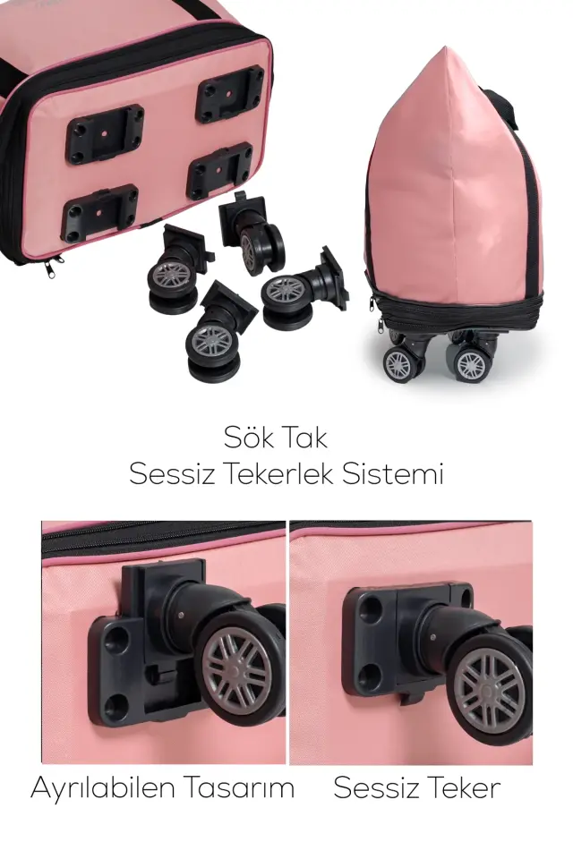 İki Körüklü Demonte Sessiz Tekerlekli Valiz-Çanta-Bavul Pembe