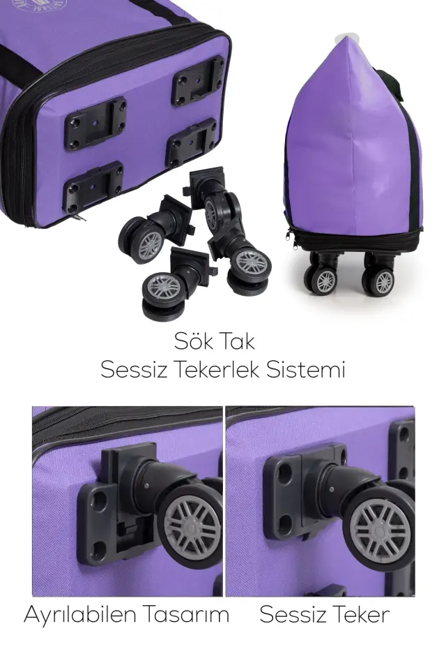 İki Körüklü Demonte Sessiz Tekerlekli Valiz-Çanta-Bavul Lila