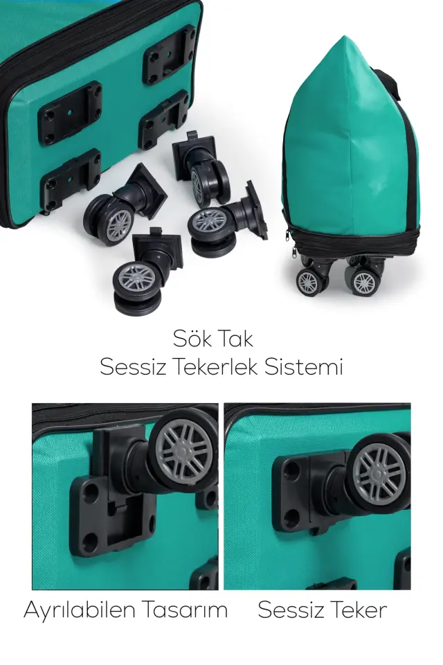İki Körüklü Demonte Sessiz Tekerlekli Valiz-Çanta-Bavul Yeşil