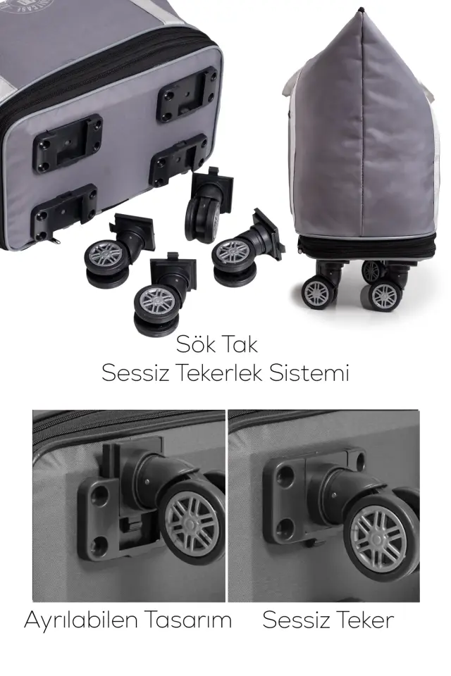 İki Körüklü Demonte Sessiz Tekerlekli Valiz-Çanta-Bavul Gri