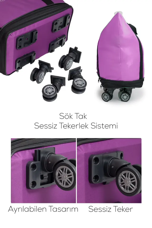 İki Körüklü Demonte Sessiz Tekerlekli Valiz-Çanta-Bavul Mor