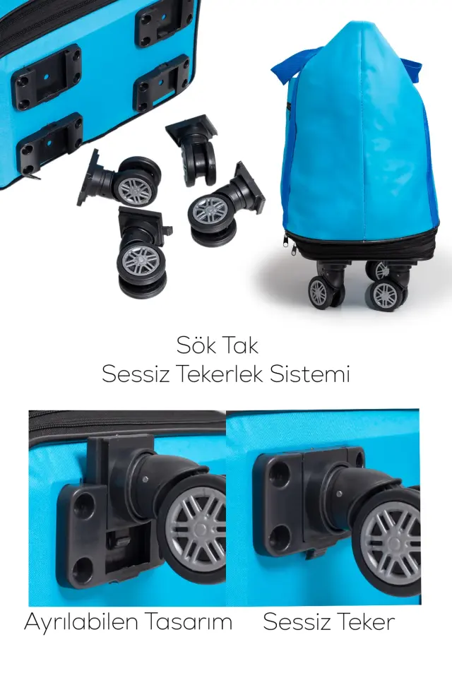 İki Körüklü Demonte Sessiz Tekerlekli Valiz-Çanta-Bavul Mavi