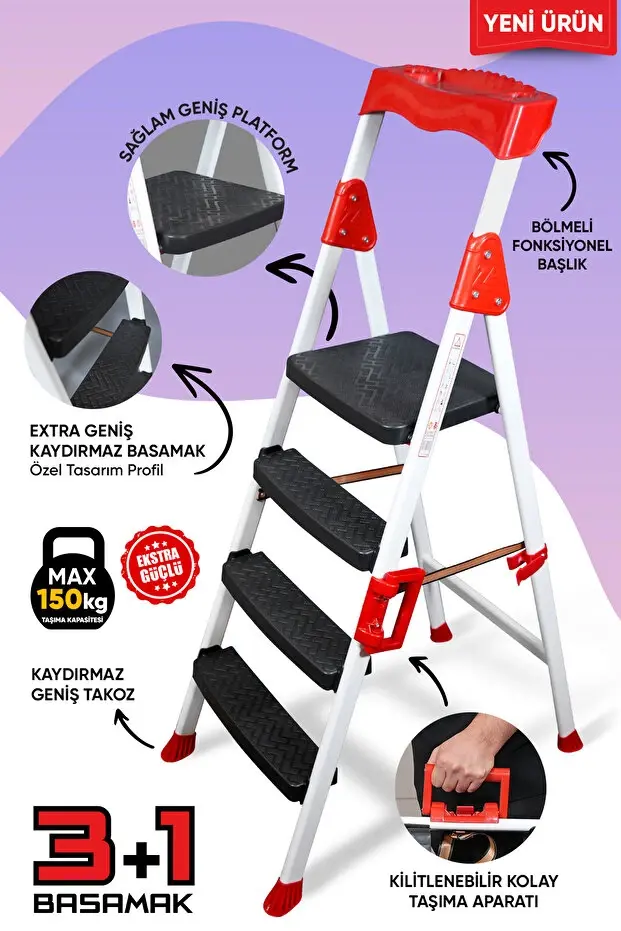 Zigana Elegance Geniş Basamaklı Kolay Taşıma Aparatlı Merdiven Kaliteli Paslanmaz Katlanır 3+1