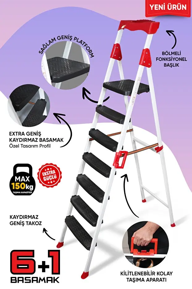 Zigana Elegance Geniş Basamaklı Kolay Taşıma Aparatlı Merdiven Kaliteli Paslanmaz Katlanır 6+1