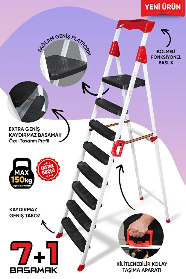 Zigana Elegance Geniş Basamaklı Kolay Taşıma Aparatlı Merdiven Kaliteli Paslanmaz Katlanır 7+1