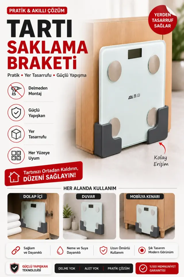 Tartı Saklama Braketi 2'li Set | Tartı Düzenleyici Duvar ve Dolap İçi Askısı Çok Amaçlı Yerden Tasarruf Sağlayan Plastik Tutucu Delmeden Montaj Baskül Düzenleyici YAPIŞKANLI Gri
