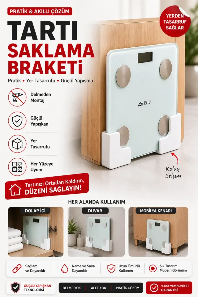 Tartı Saklama Braketi 2'li Set | Tartı Düzenleyici Duvar ve Dolap İçi Askısı Çok Amaçlı Yerden Tasarruf Sağlayan Plastik Tutucu Delmeden Montaj Baskül Düzenleyici YAPIŞKANLI Beyaz
